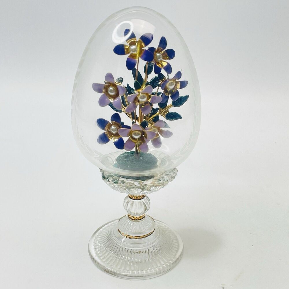 House Of Faberge Glass Egg Franklin Mint Purple Flower Bouquet 6" On Pedestal